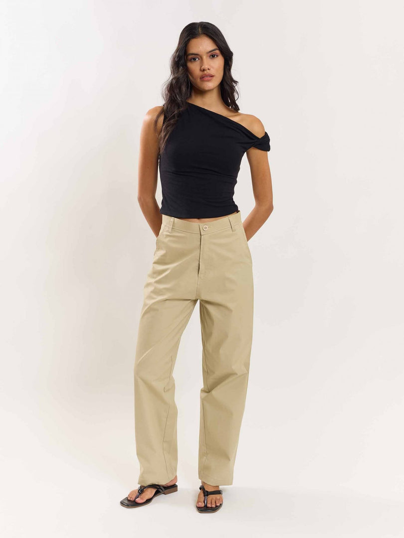 Beige Loose Fit Twill Trousers