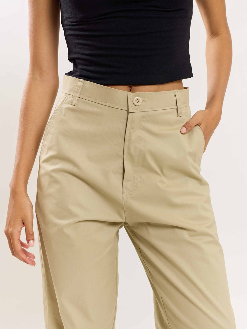 Beige Loose Fit Twill Trousers