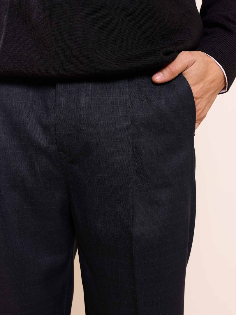 Blue Straight Fit Checked Trousers