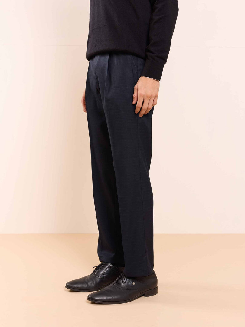 Blue Straight Fit Checked Trousers