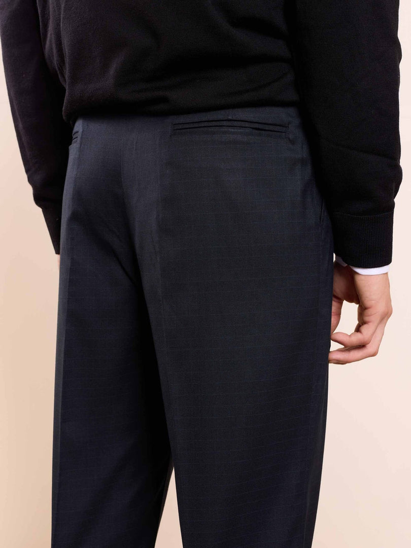 Blue Straight Fit Checked Trousers