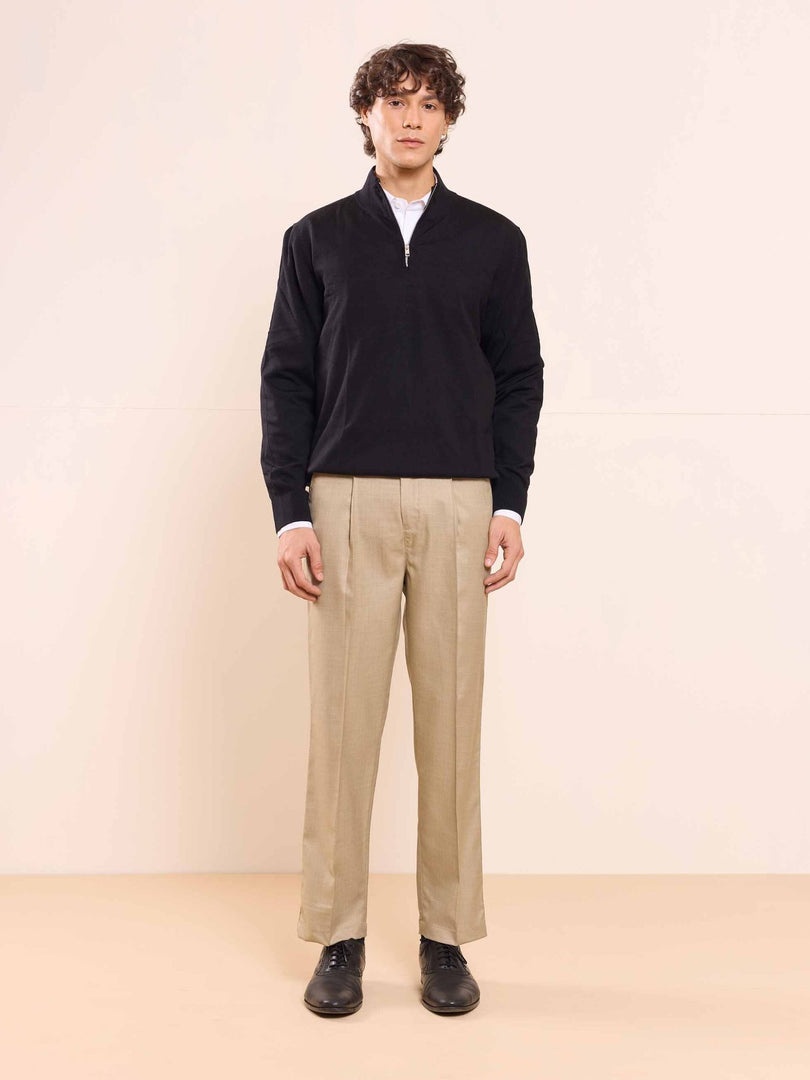 Beige Straight Fit Checked Trousers