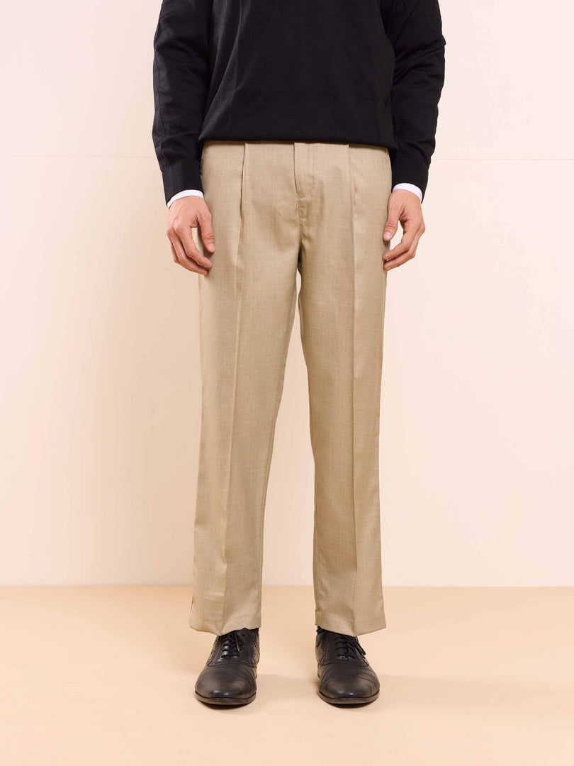 Beige Straight Fit Checked Trousers