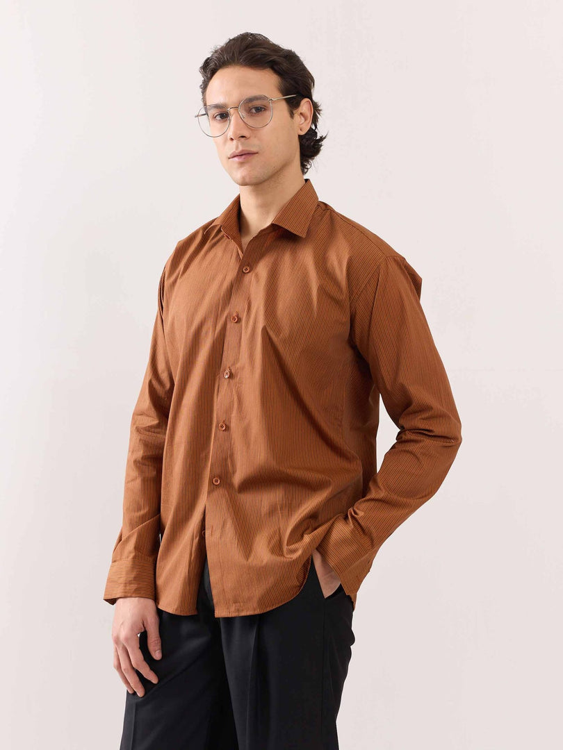 Brown Poplin Striped Shirt