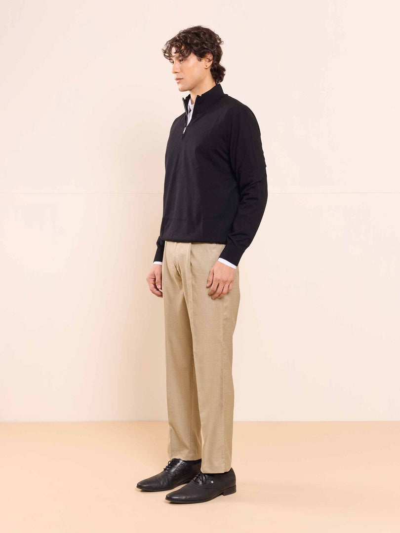 Beige Straight Fit Checked Trousers