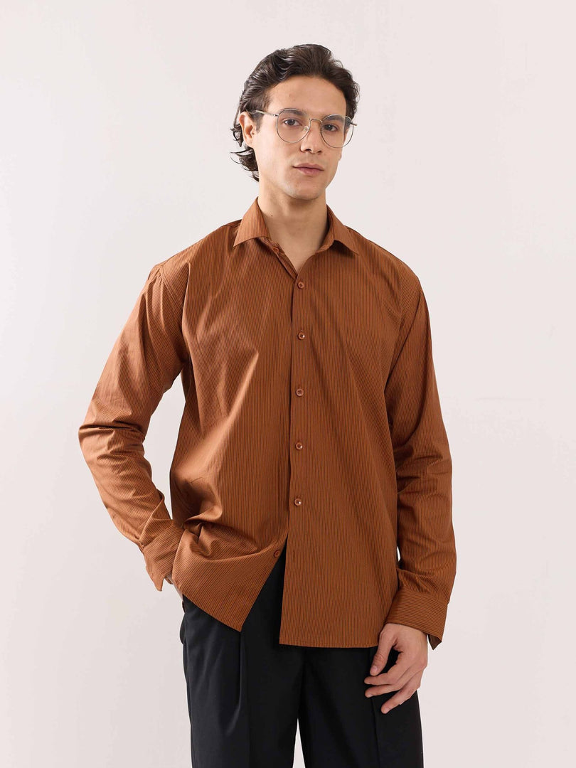 Brown Poplin Striped Shirt