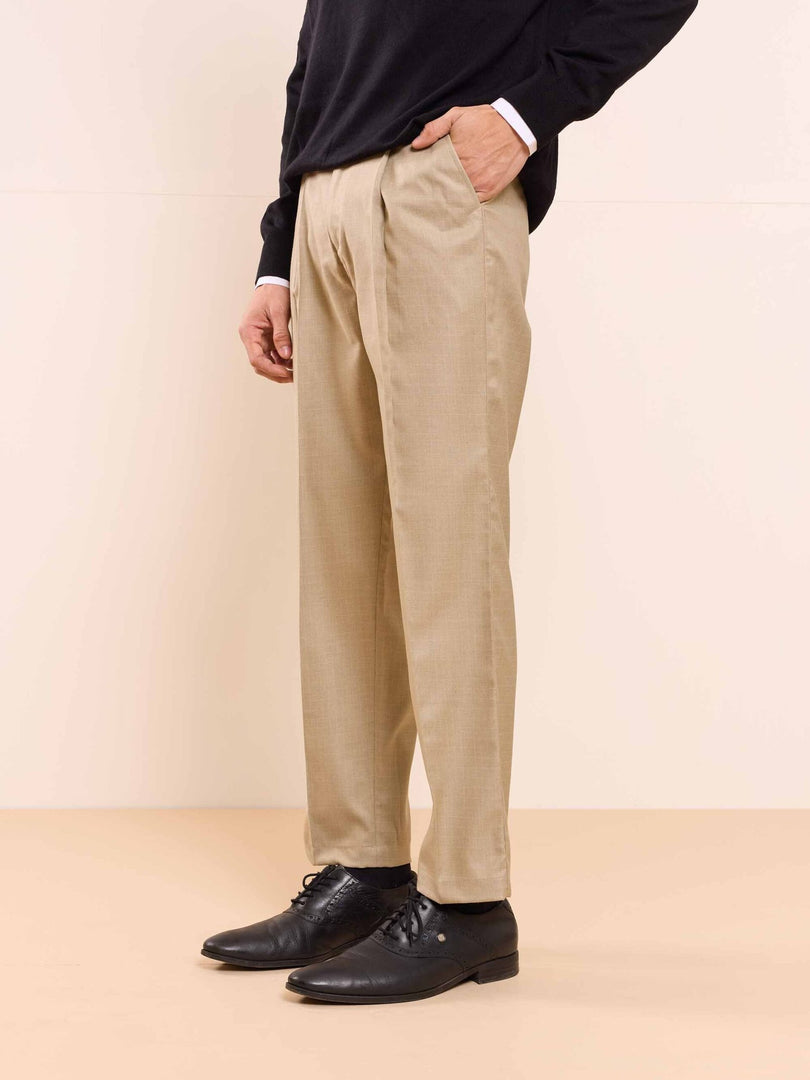 Beige Straight Fit Checked Trousers