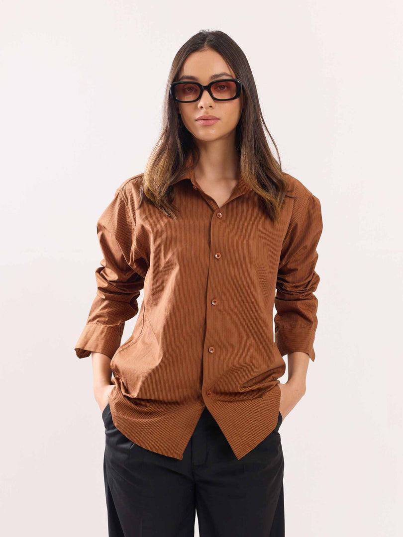 Brown Poplin Striped Shirt