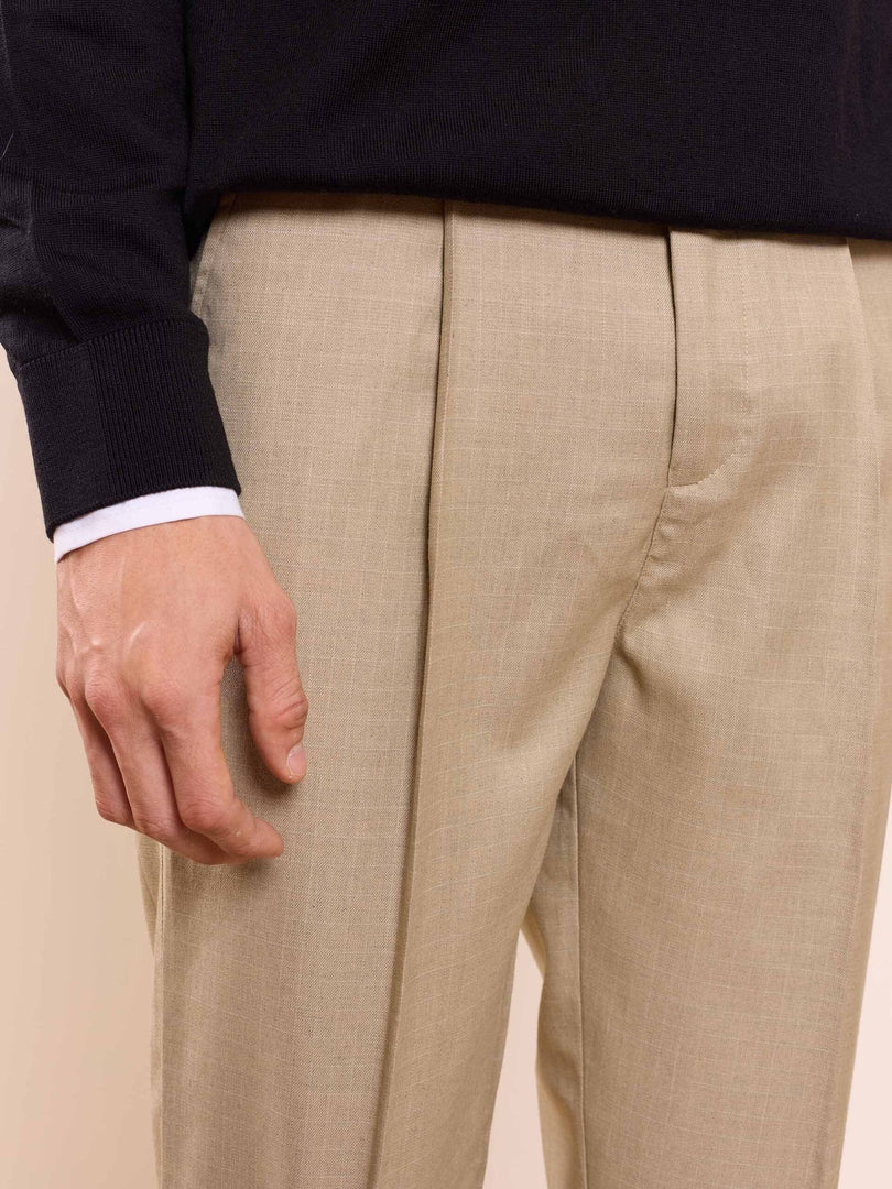 Beige Straight Fit Checked Trousers