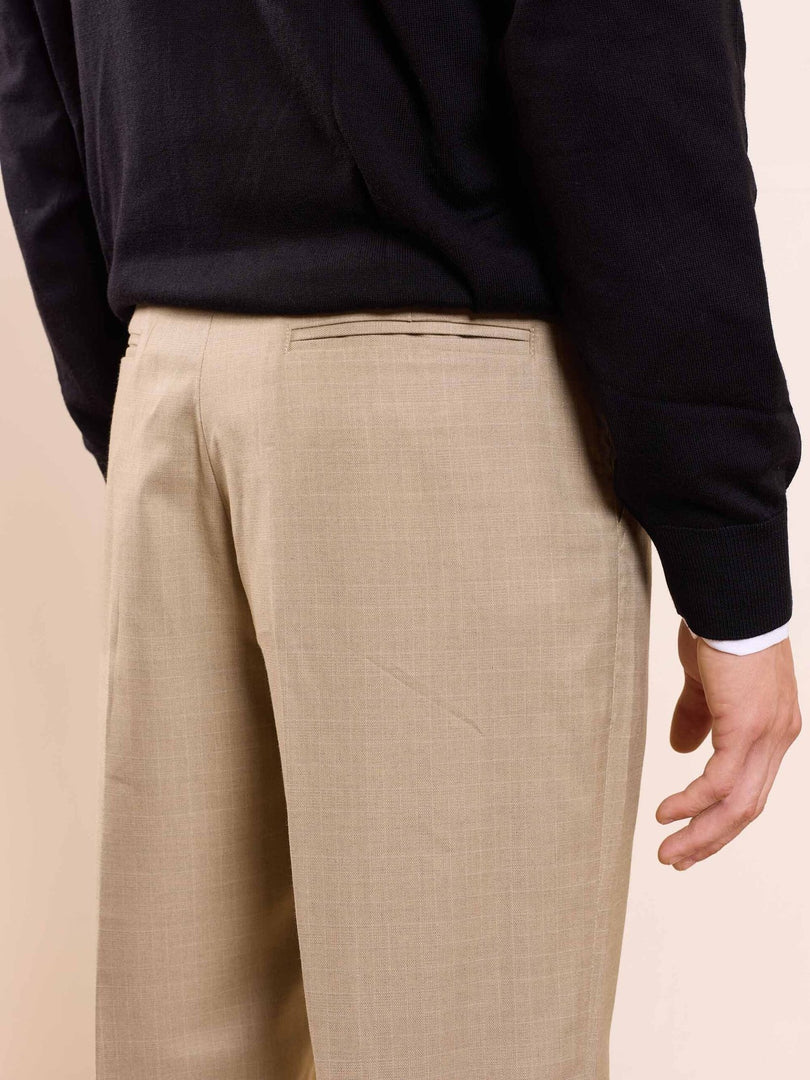 Beige Straight Fit Checked Trousers