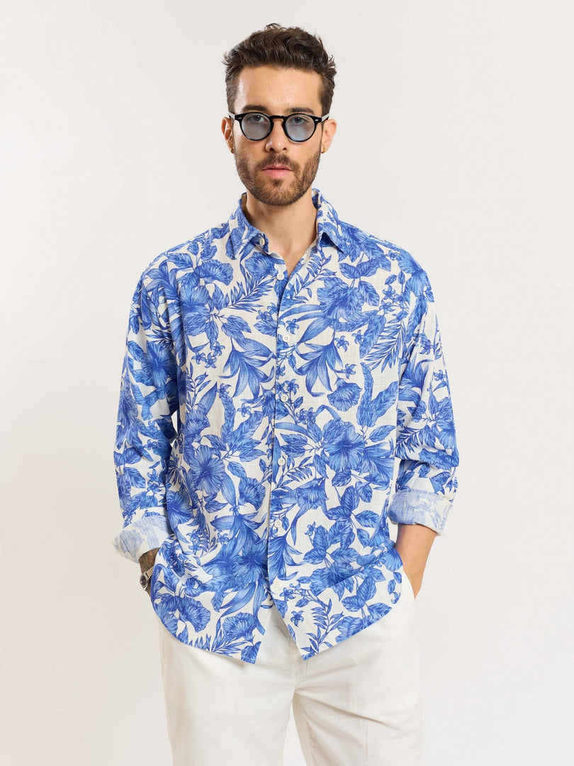 Blue Hibiscus Linen Shirt