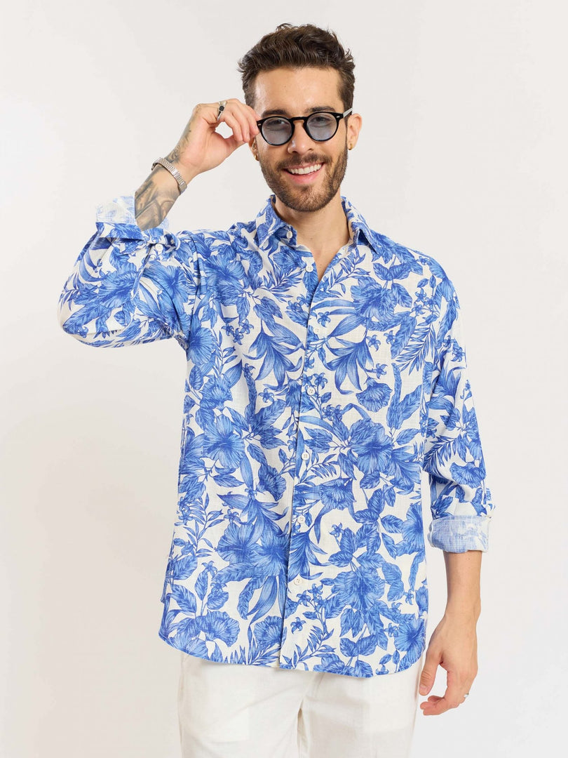 Blue Hibiscus Linen Shirt