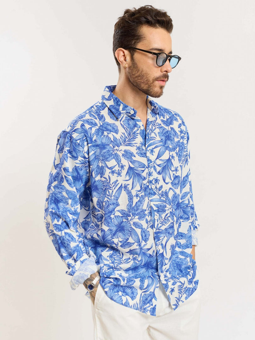 Blue Hibiscus Linen Shirt