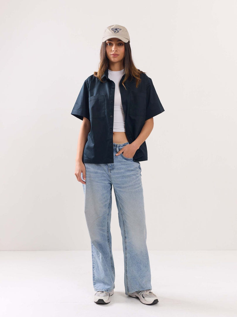 Dark Blue Twill Cropped Shirt