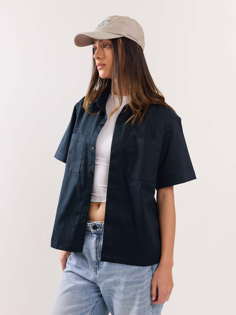 Dark Blue Twill Cropped Shirt