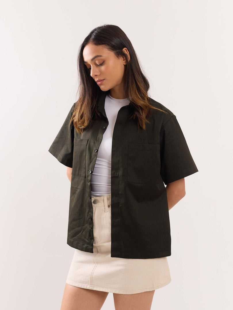 Dark Olive Twill Cropped Shirt