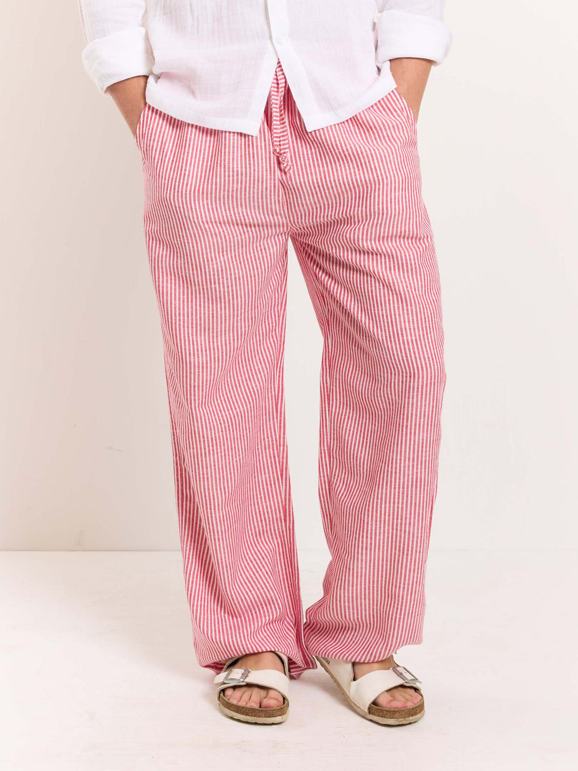 Red Striped Linen Pull-on Pants