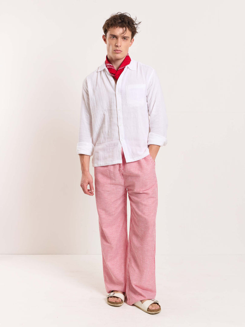 Red Striped Linen Pull-on Pants