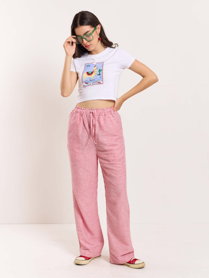 Red Striped Linen Pull-on Pants