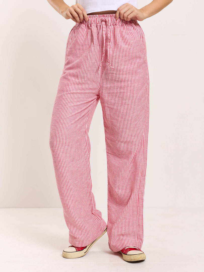 Red Striped Linen Pull-on Pants