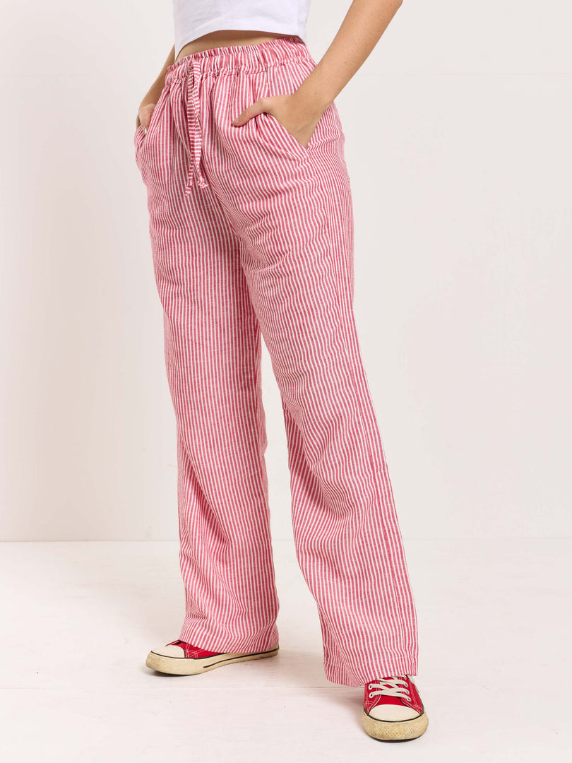 Red Striped Linen Pull-on Pants