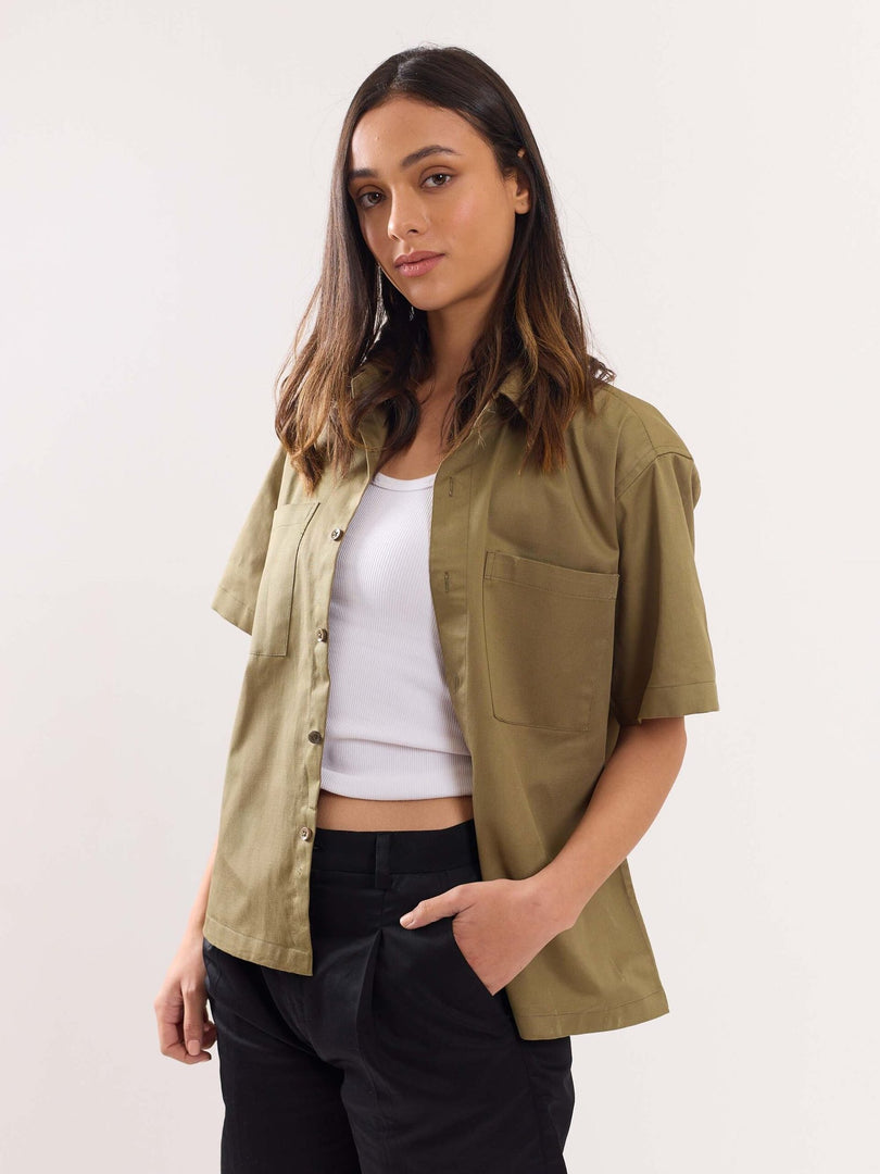 Khaki Twill Cropped Shirt