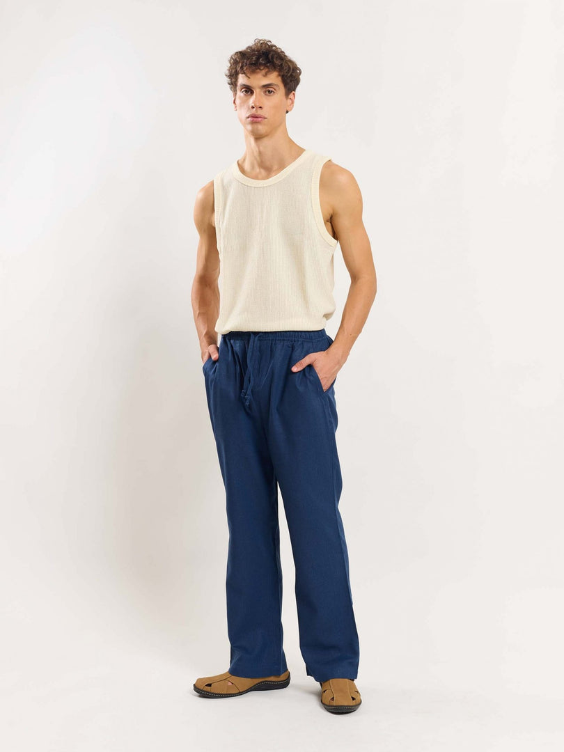 Blue Linen Pull-on Pants