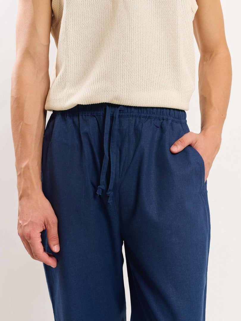 Blue Linen Pull-on Pants