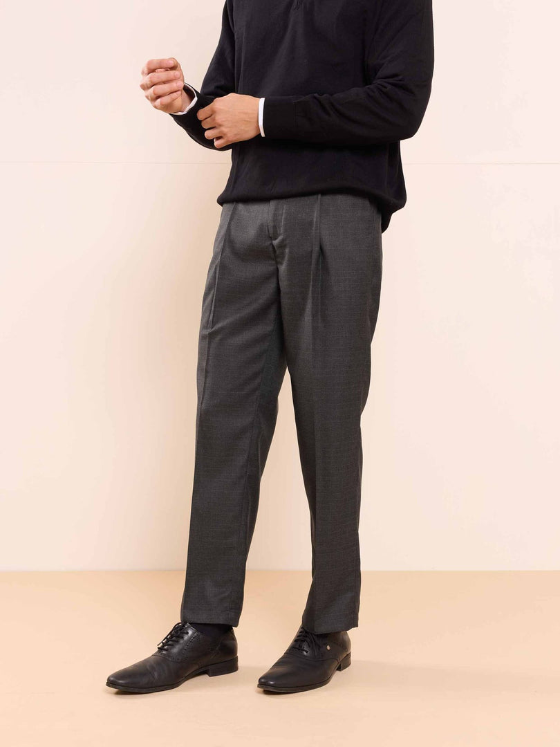 Grey Straight Fit Checked Trousers