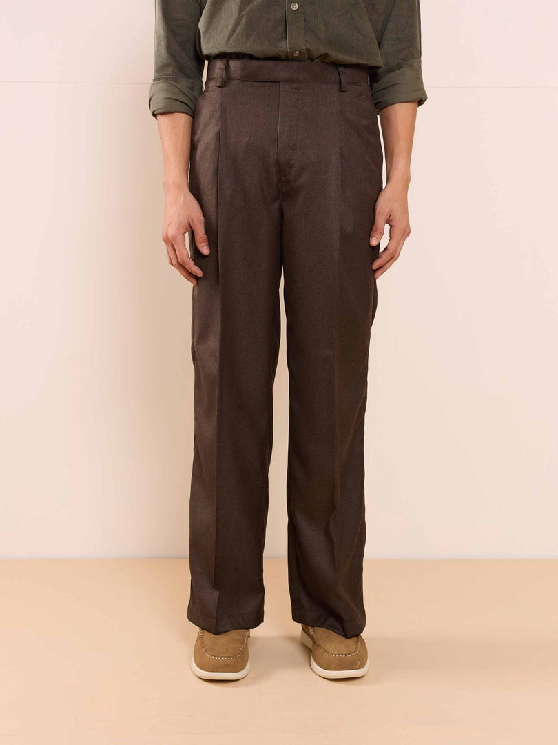 Brown Textured Baggy Fit Trousers