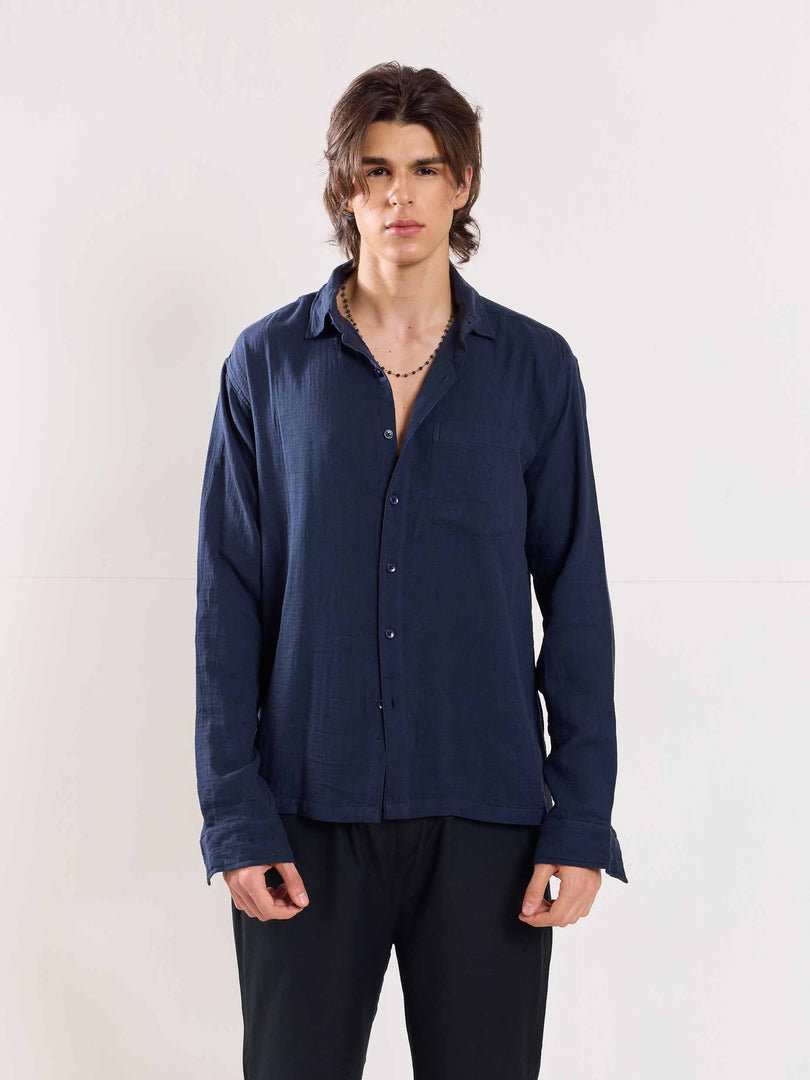 Dark Blue Gauze Holiday Shirt