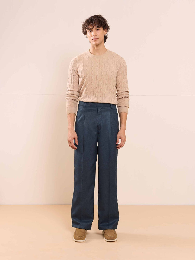 Blue Textured Baggy Fit Trousers