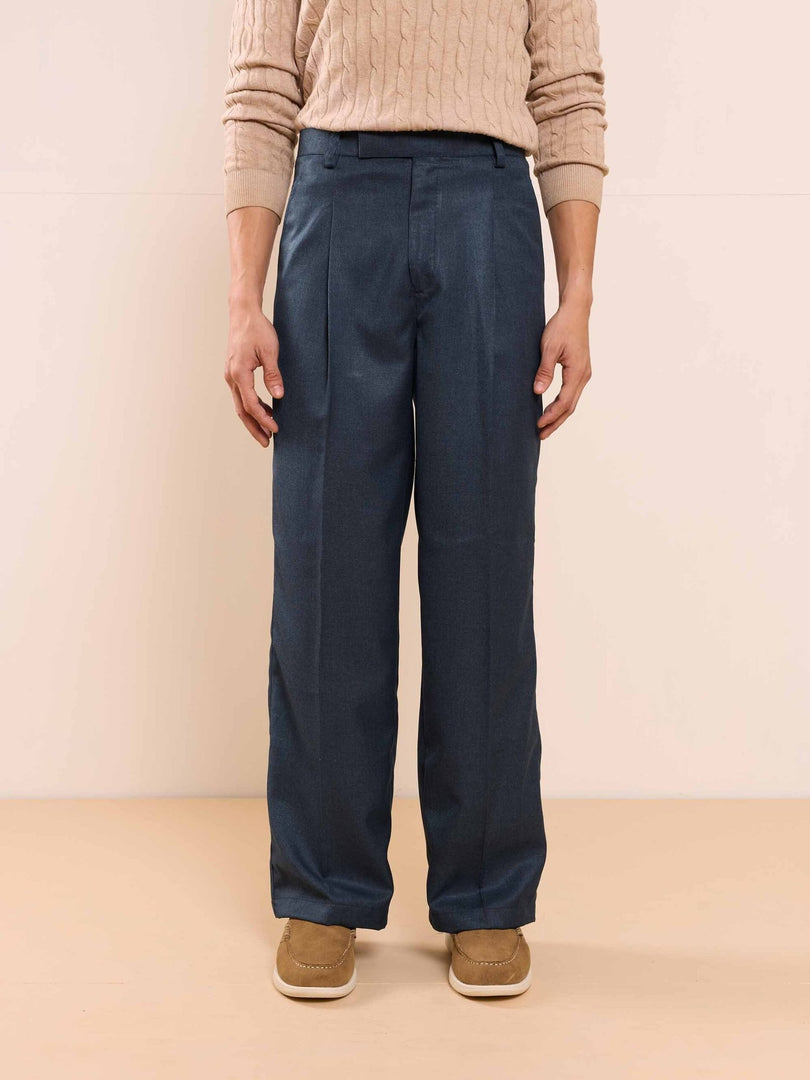 Blue Textured Baggy Fit Trousers