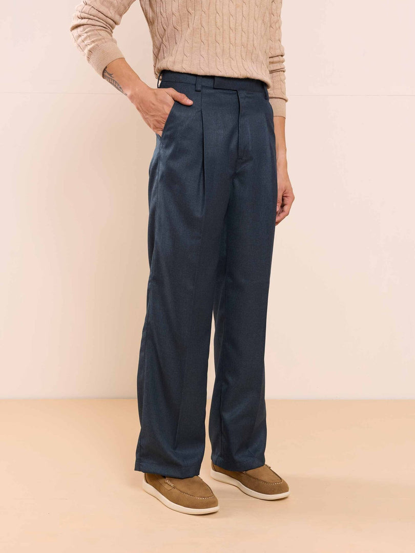 Blue Textured Baggy Fit Trousers