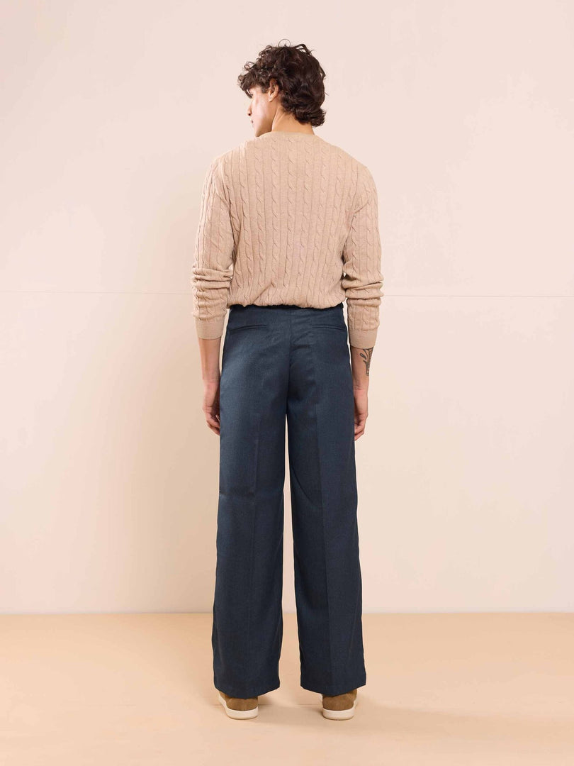 Blue Textured Baggy Fit Trousers