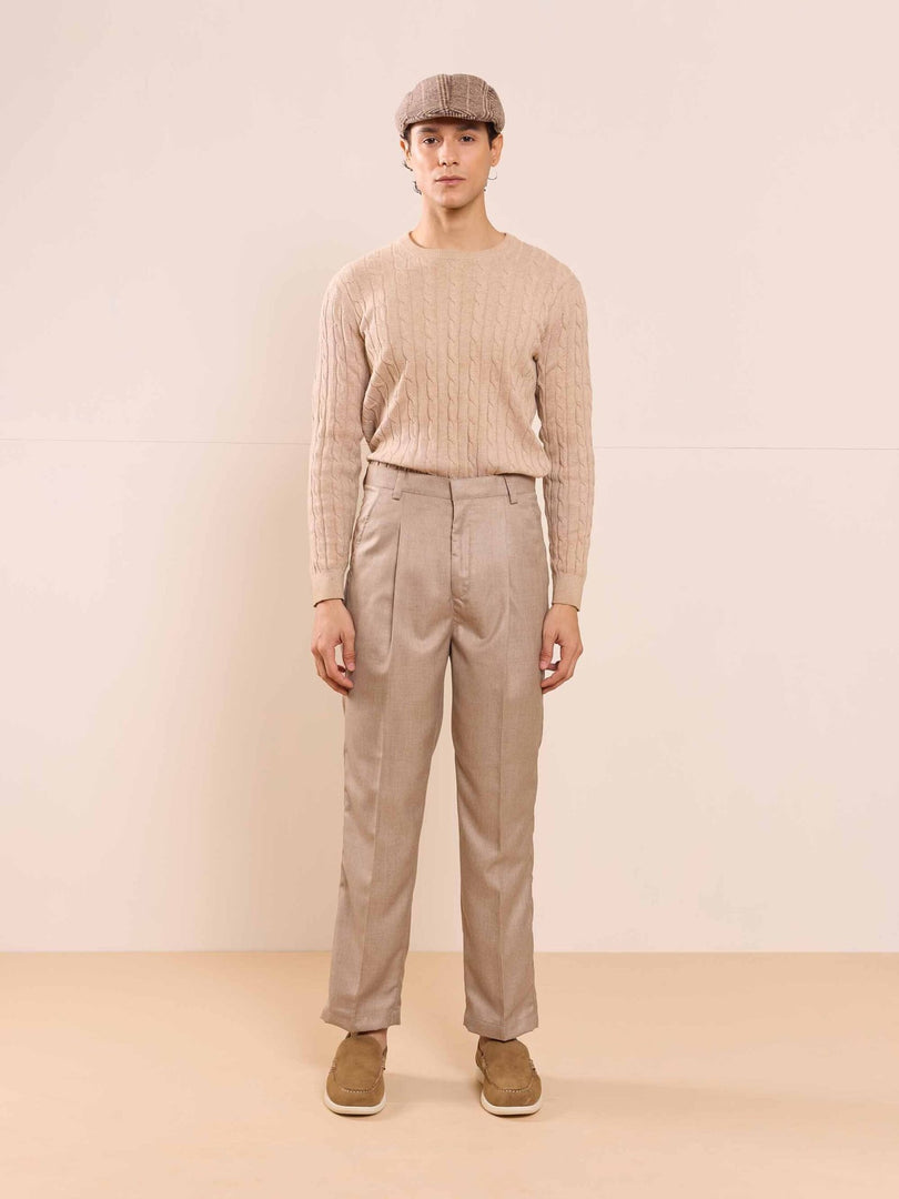 Beige Textured Baggy Fit Trousers