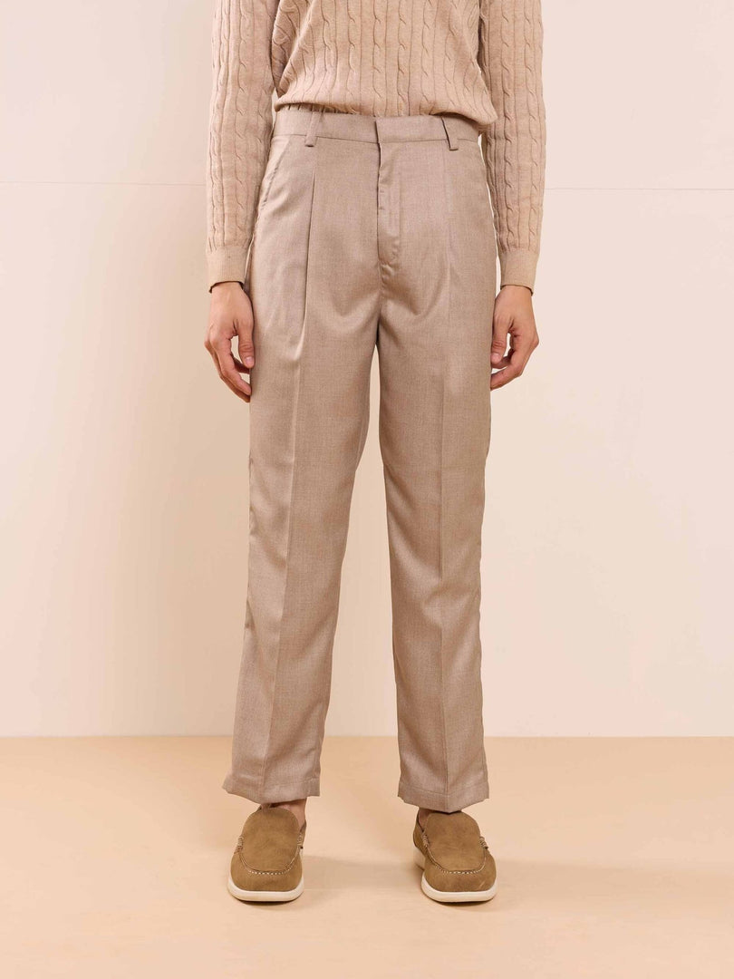 Beige Textured Baggy Fit Trousers