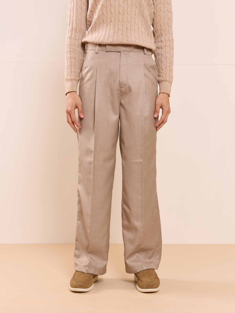 Beige Textured Baggy Fit Trousers