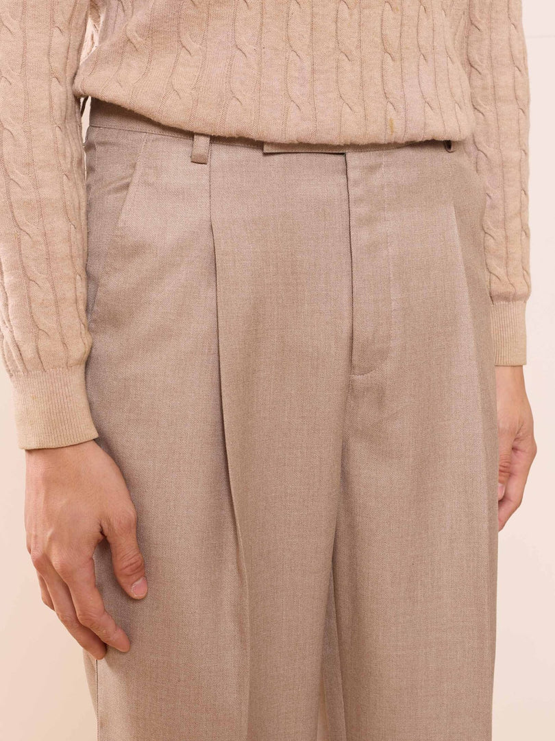 Beige Textured Baggy Fit Trousers