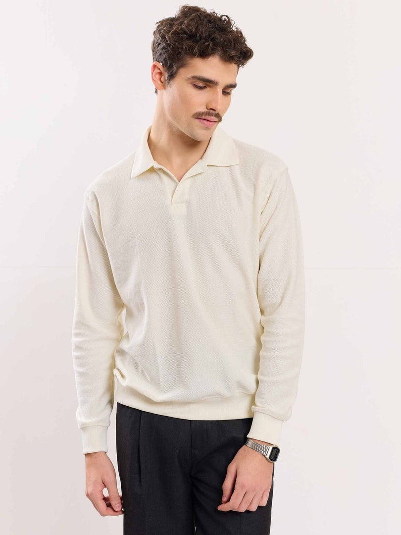 Cream Jacquard Knit Polo T-shirt