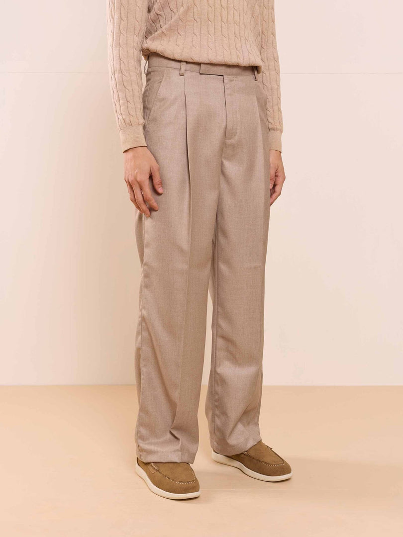 Beige Textured Baggy Fit Trousers