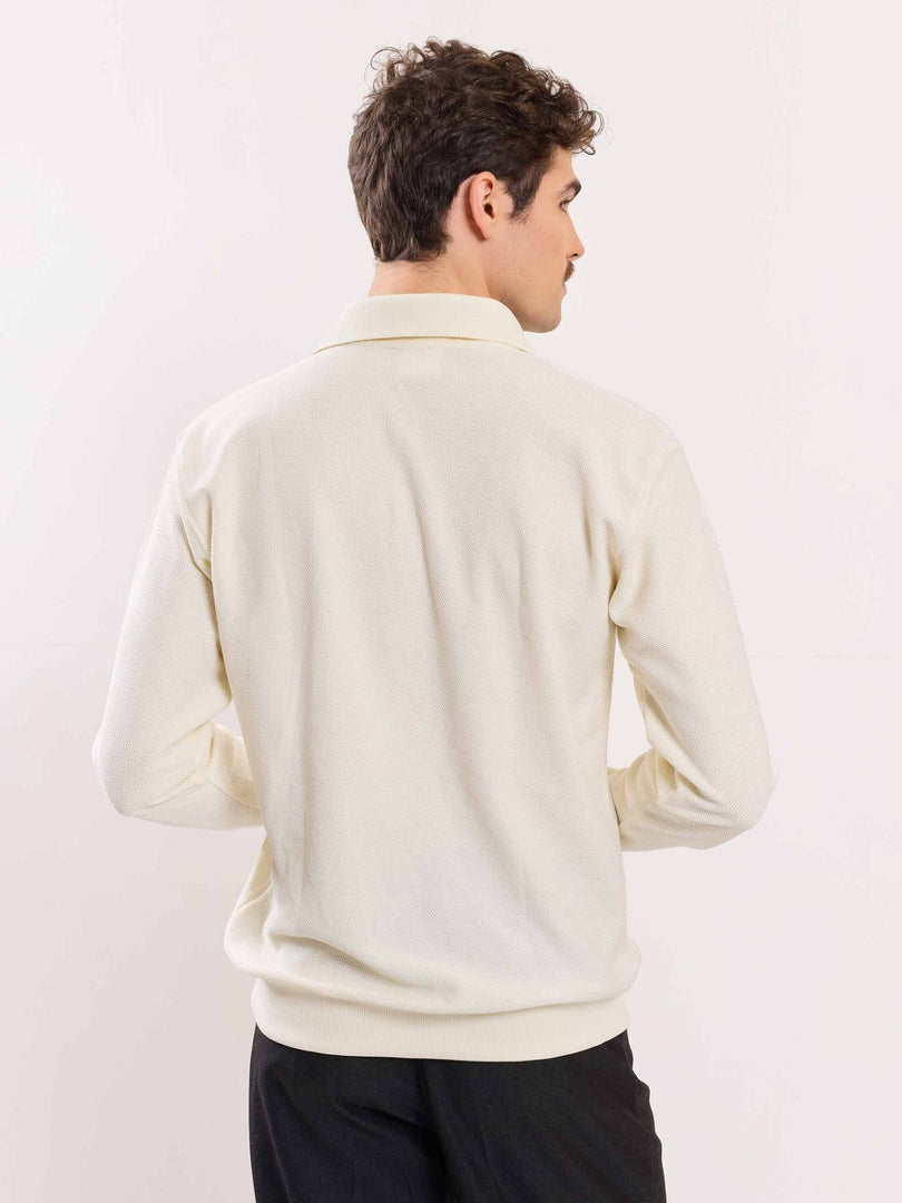 Cream Jacquard Knit Polo T-shirt