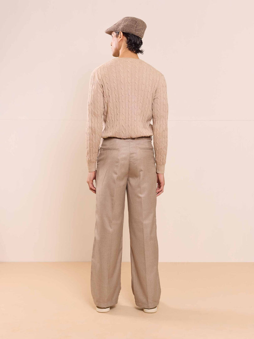 Beige Textured Baggy Fit Trousers