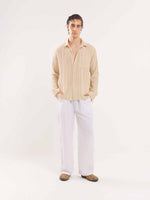 Load image into Gallery viewer, Beige Gauze Striped Holiday Shirt
