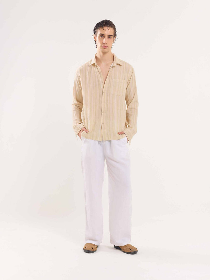 Beige Gauze Striped Holiday Shirt