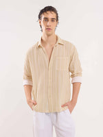 Load image into Gallery viewer, Beige Gauze Striped Holiday Shirt
