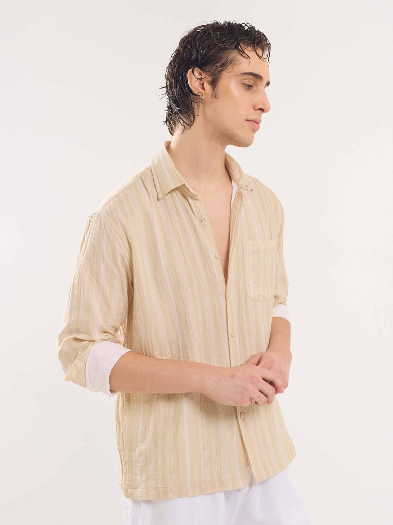 Beige Gauze Striped Holiday Shirt