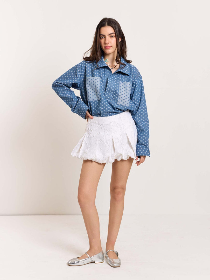 Heart Embossed Denim Pullover