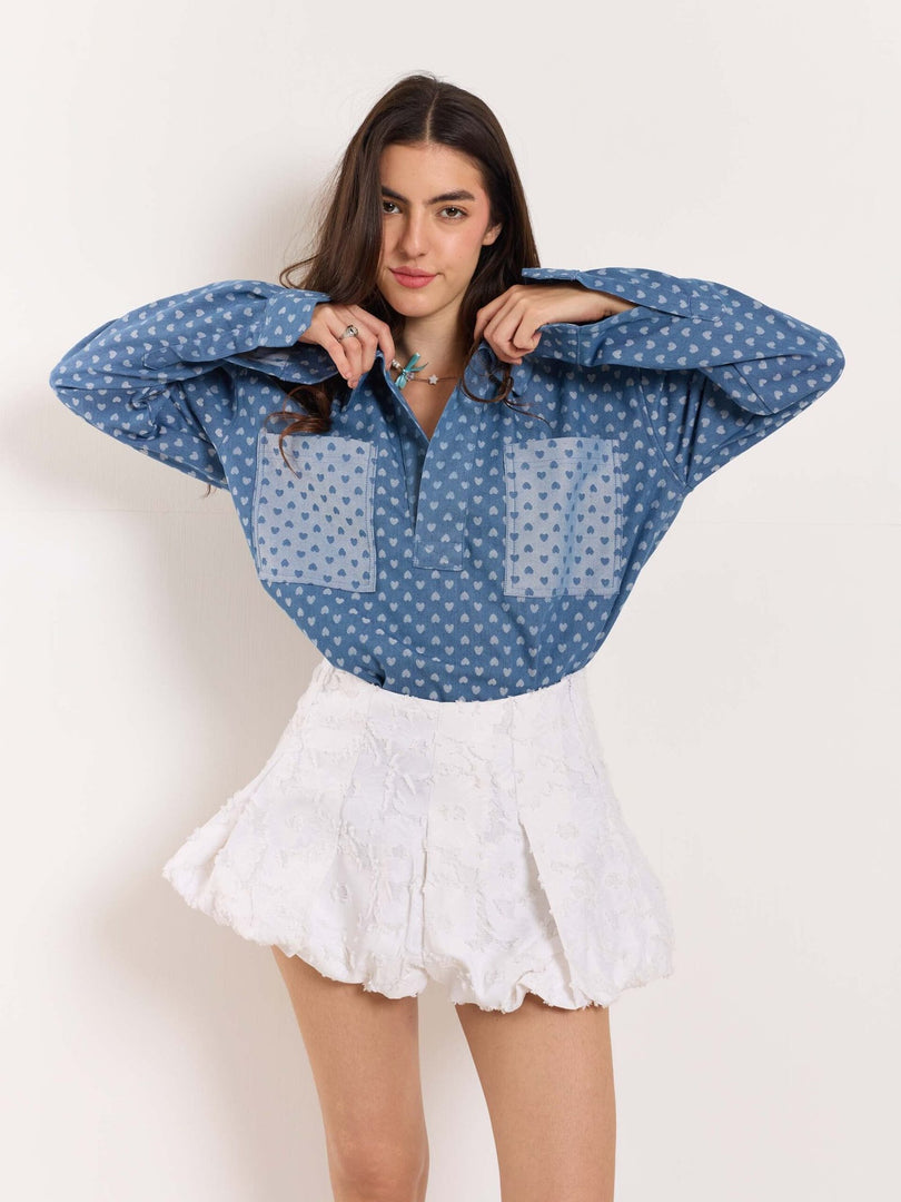 Heart Embossed Denim Pullover