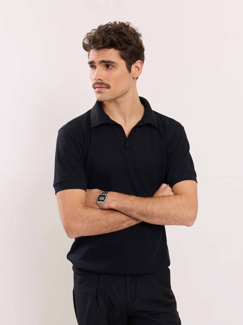 Black Waffle Knit Polo T-shirt